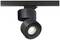 Čierny stropný reflektor s okrúhlou svetelnou hlavou, namontovaný na koľajnici, smerujúci svetlo smerom nadol.