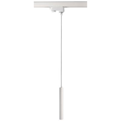 Biela závesná lampa s dlhým, tenkým káblom a valcovitým tienidlom. Visí z koľajnice na strope.