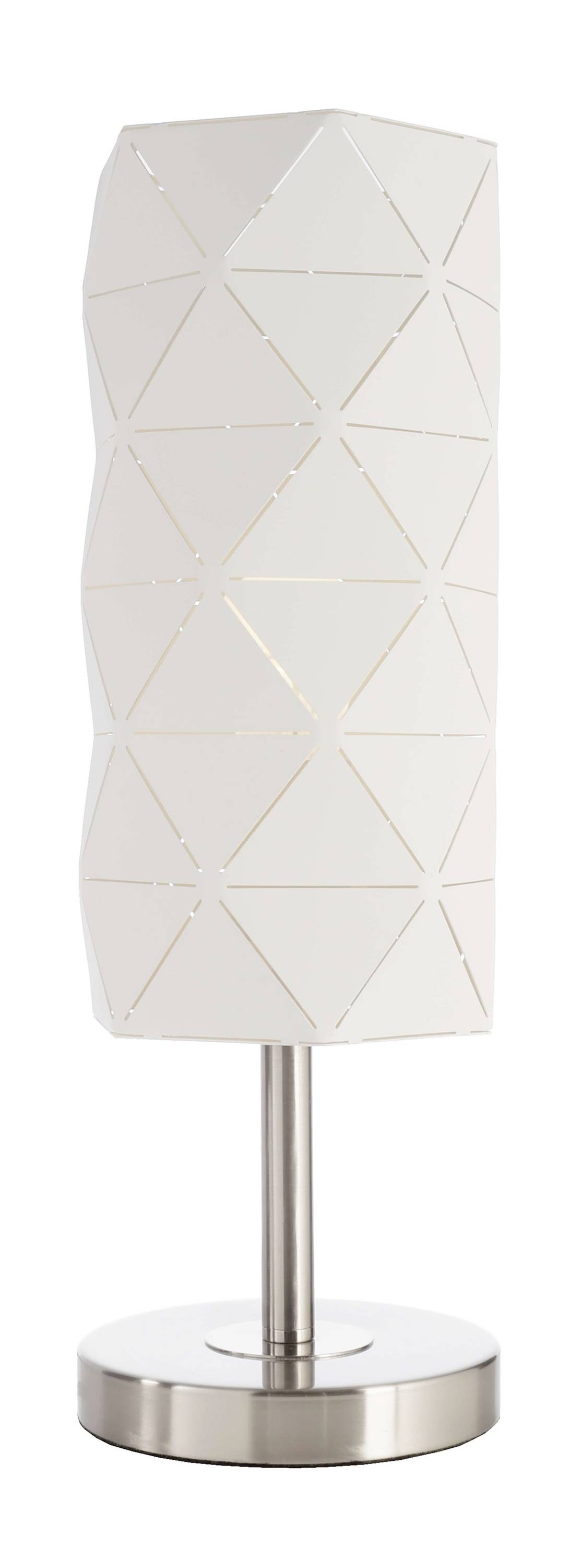Biela stolová lampa s geometrickým dizajnom na striebornom podstavci. Ideálna pre moderný interiér.