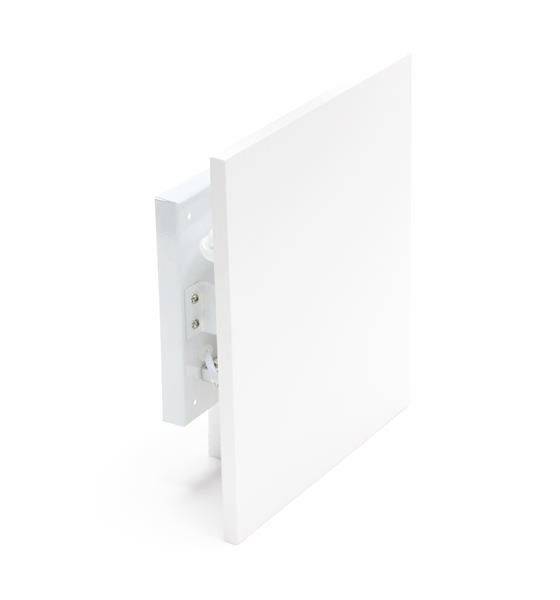 Biele štvorcové panely s držiakom na upevnenie na zadnej strane, pravdepodobne určené na zavesenie na stenu.