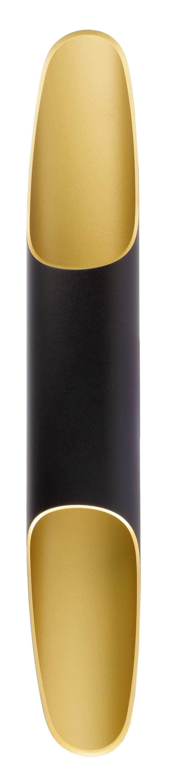 Čierny a zlatý, valcovitý objekt s otvormi na oboch koncoch.