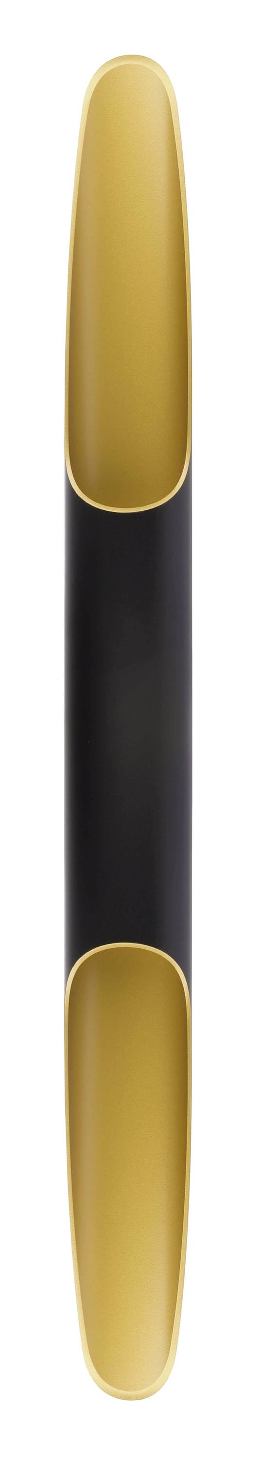 Elegantný, podlhovastý kovový predmet so zlatým, lesklým povrchom na koncoch a matne čiernou stredovou časťou.