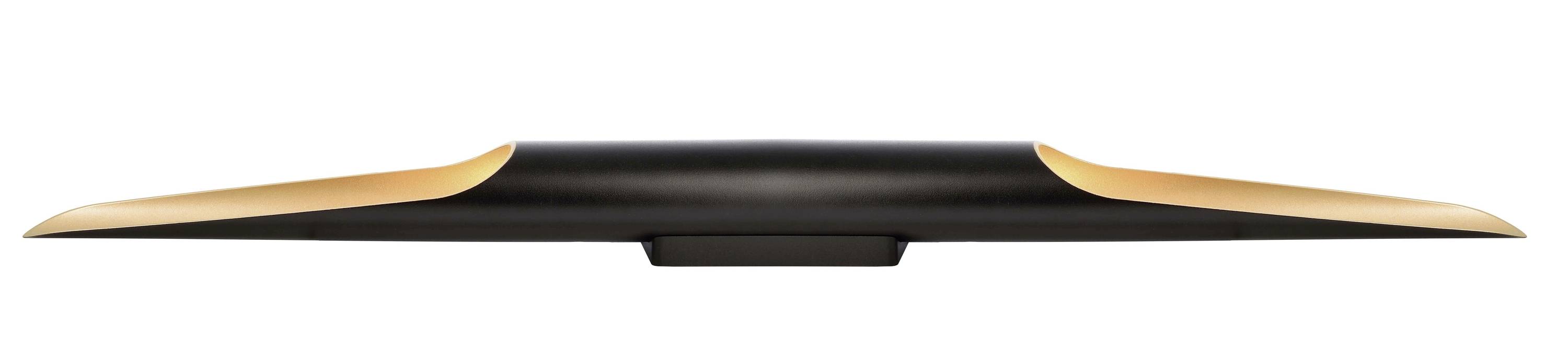 Plochý, široký reproduktor so zvlneným tvarom, zvonka zlatej farby.