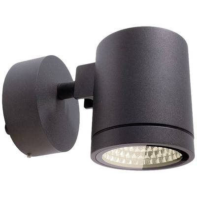 Čierny stenový svetlomet s valcovitým dizajnom a LED svetlom, vhodný pre vonkajšie osvetlenie.
