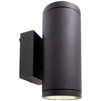Čierna cylindrická nástenná lampa s výstupom svetla smerujúcim nadol a obdĺžnikovou konzolou.