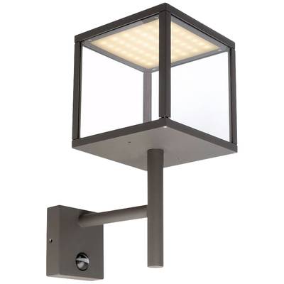 Moderná vonkajšia nástenná lampa so štvorcovým skleneným krytom a LED svetelným poľom, namontovaná na priamej tyči.
