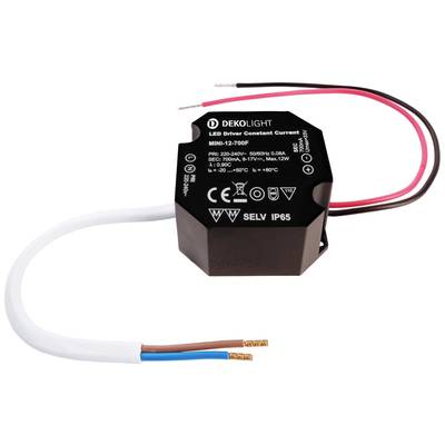 LED driver DEKOLIGHT s čiernym krytom zobrazuje technické špecifikácie. Obsahuje tri káblové konce v bielej, červenej a čiernej farbe.