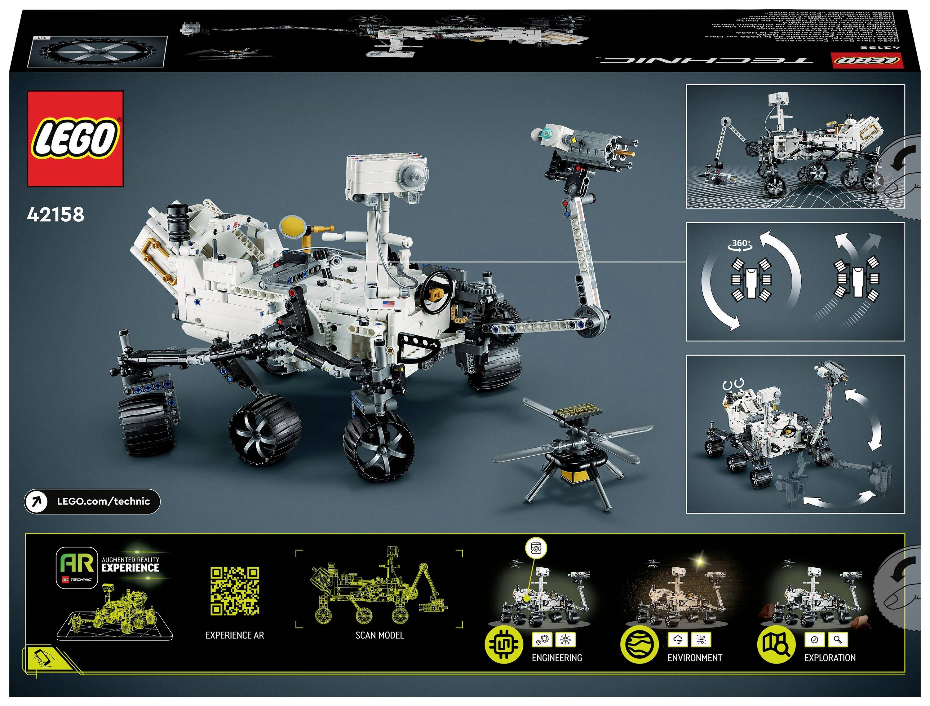 LEGO Technic-Set 42158 predstavuje marsovský rover s pohyblivými dielmi a dronom. Obsahuje QR kód pre augmentovanú realitu (AR) zážitok.