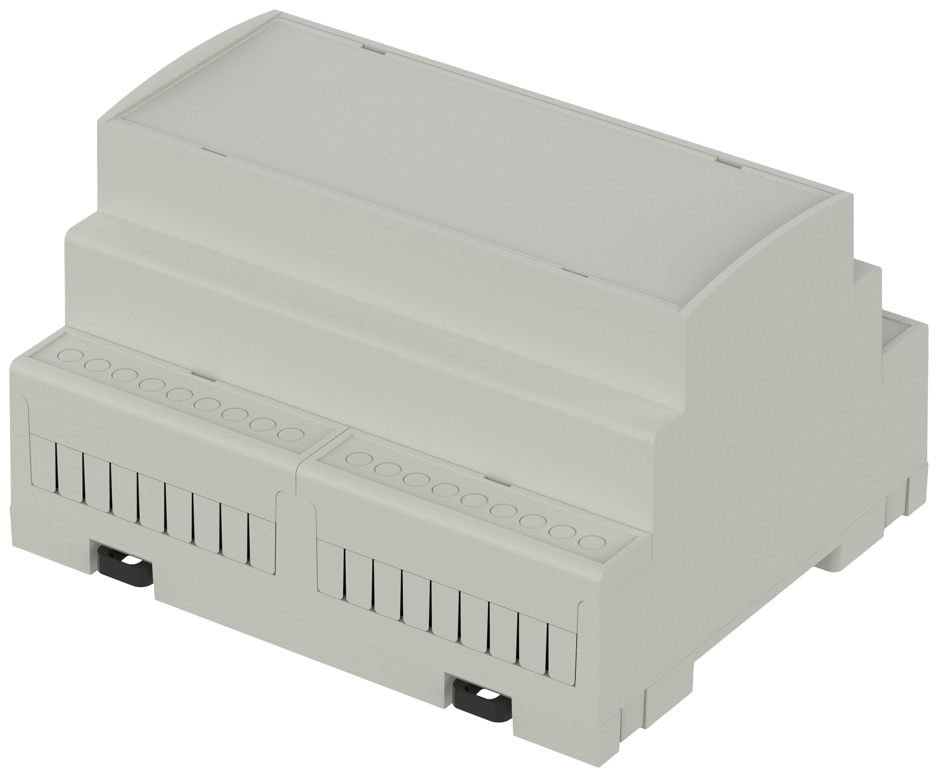 Šedý, obdĺžnikový elektronický kryt so zásuvkami pre konektory, používaný v priemyselných aplikáciách alebo elektrických rozvádzačoch.