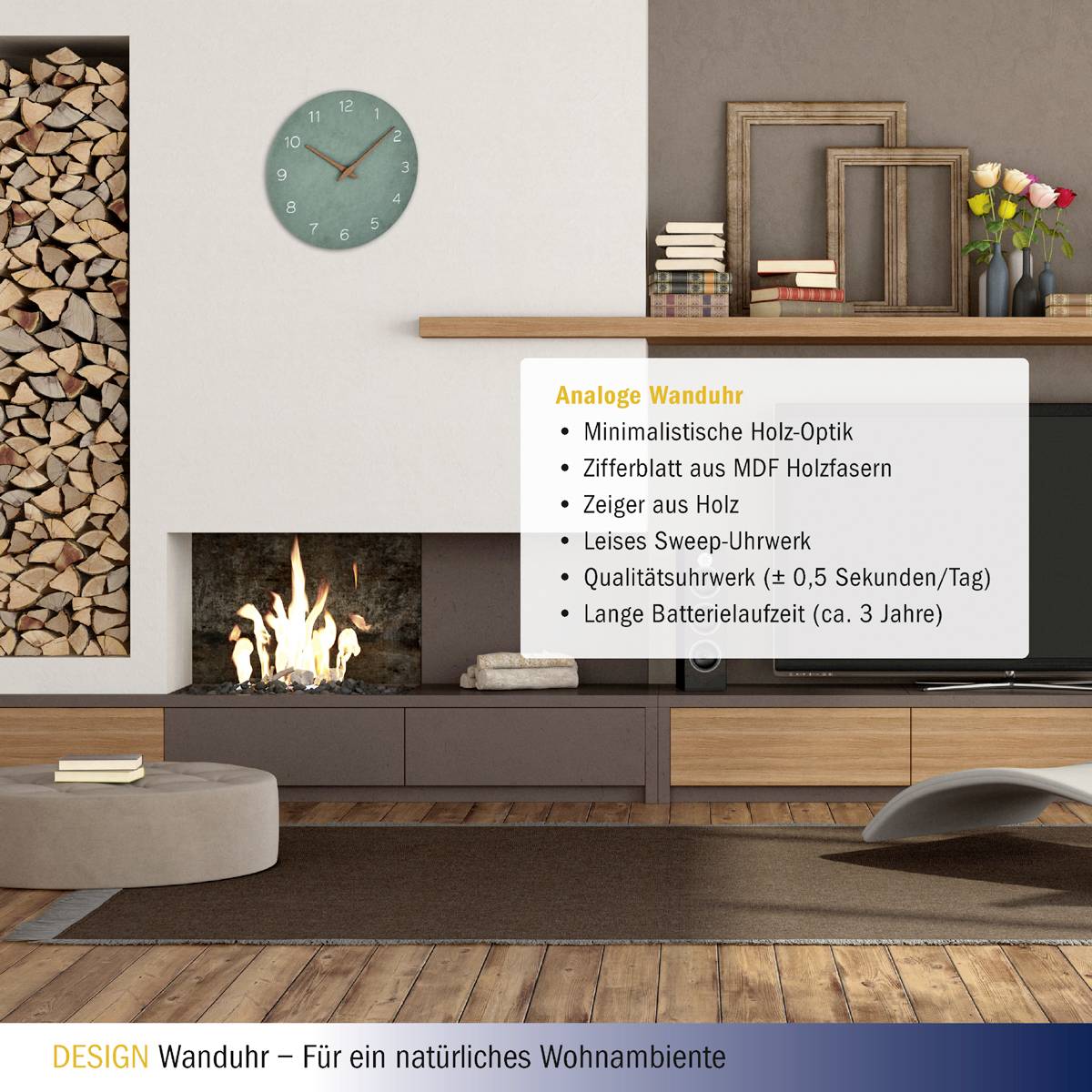 Obývacia izba s krbom, policou a hodinami. Vpravo: Zoznam vlastností hodín, napr. 'Analógový ciferník' a 'Výdrž batérie cca 3 roky'.