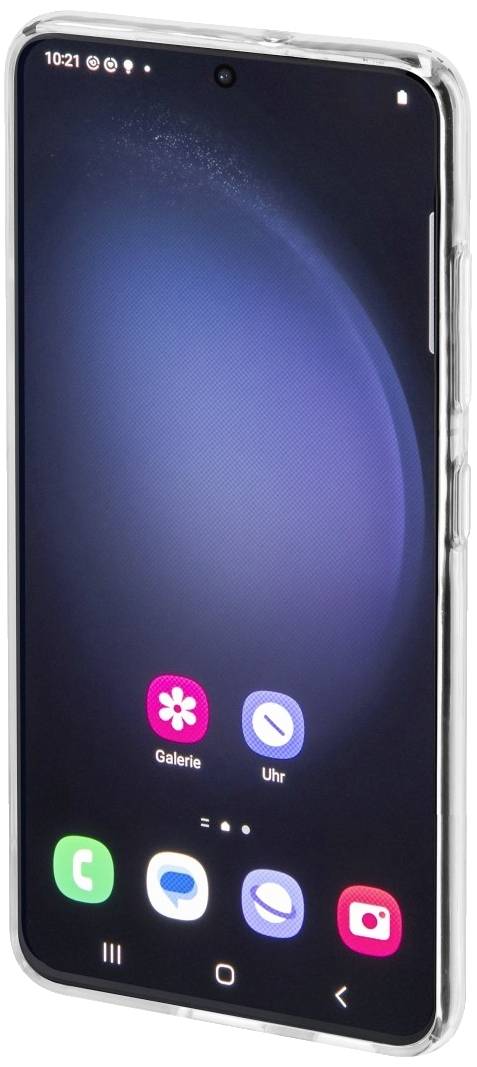 Smartfón s čiernym displejom, na ktorom sú viditeľné farebné ikony aplikácií ako 'Galéria' a 'Hodiny'. Zariadenie má priehľadný ochranný rámik.