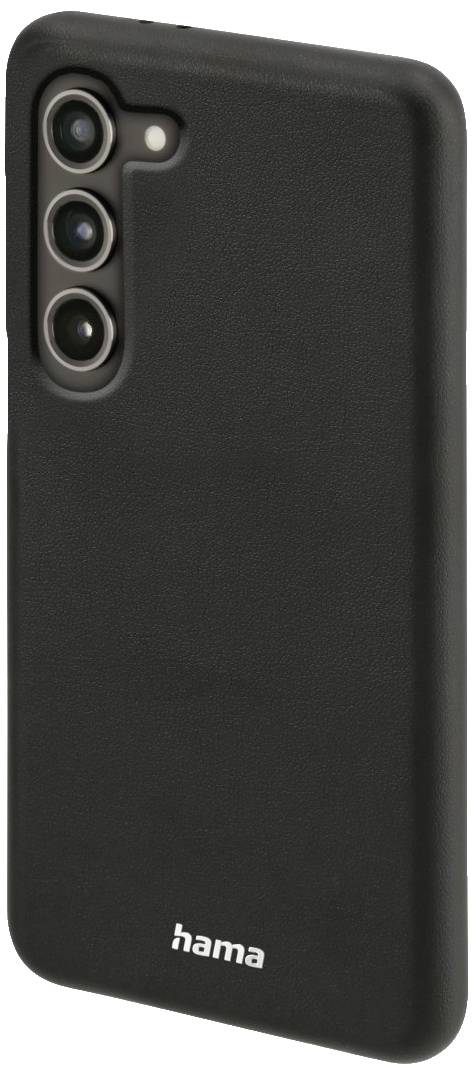 Čierny obal na smartfón s vytlačeným logom 'hama' v ľavom dolnom rohu. Tri otvory pre kameru v ľavej hornej časti.