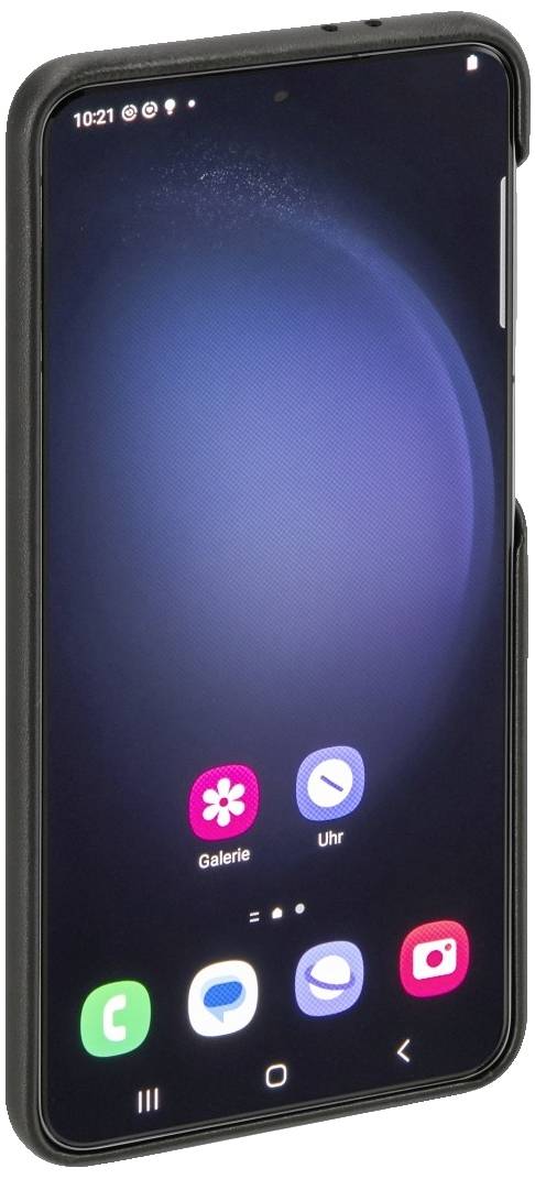 Smartfón s čiernym obalom zobrazuje úvodný displej s ikonami aplikácií vrátane 'Galéria' a 'Hodiny' na tmavom pozadí.