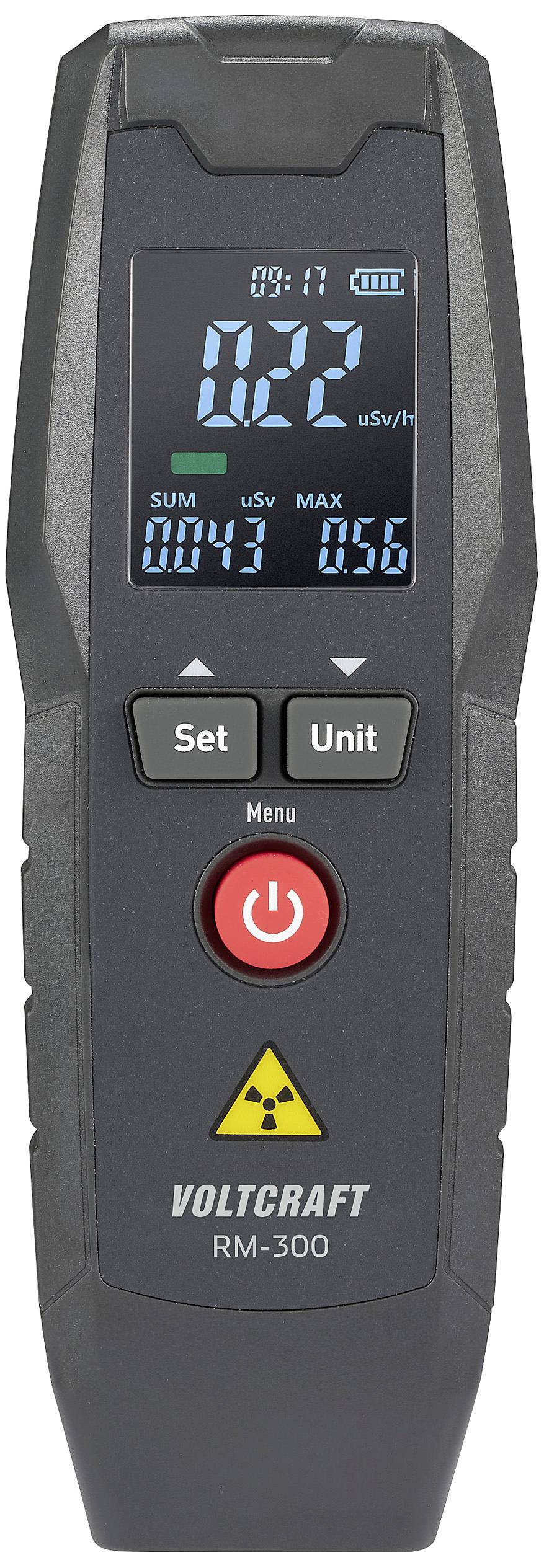 Digitálny merač radiácie s displejom zobrazuje hodnotu 0,22 µSv/h. Pod displejom sú umiestnené tlačidlá pre nastavenia a výber jednotiek.