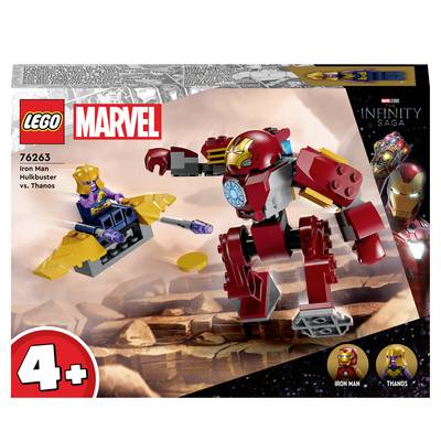 LEGO-súprava '76263': Iron Man v Hulkbusterovi bojuje proti Thanosovi. Na obrázku je Iron Man v červenom obleku a Thanos na lietajúcom vozidle.