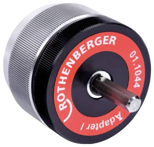 Valcový kovový nástroj označený štítkom 'ROTHENBERGER Adapter 1 01.1044' s textúrovaným povrchom, ktorý sa používa na pripájanie alebo nastavovanie komponentov.