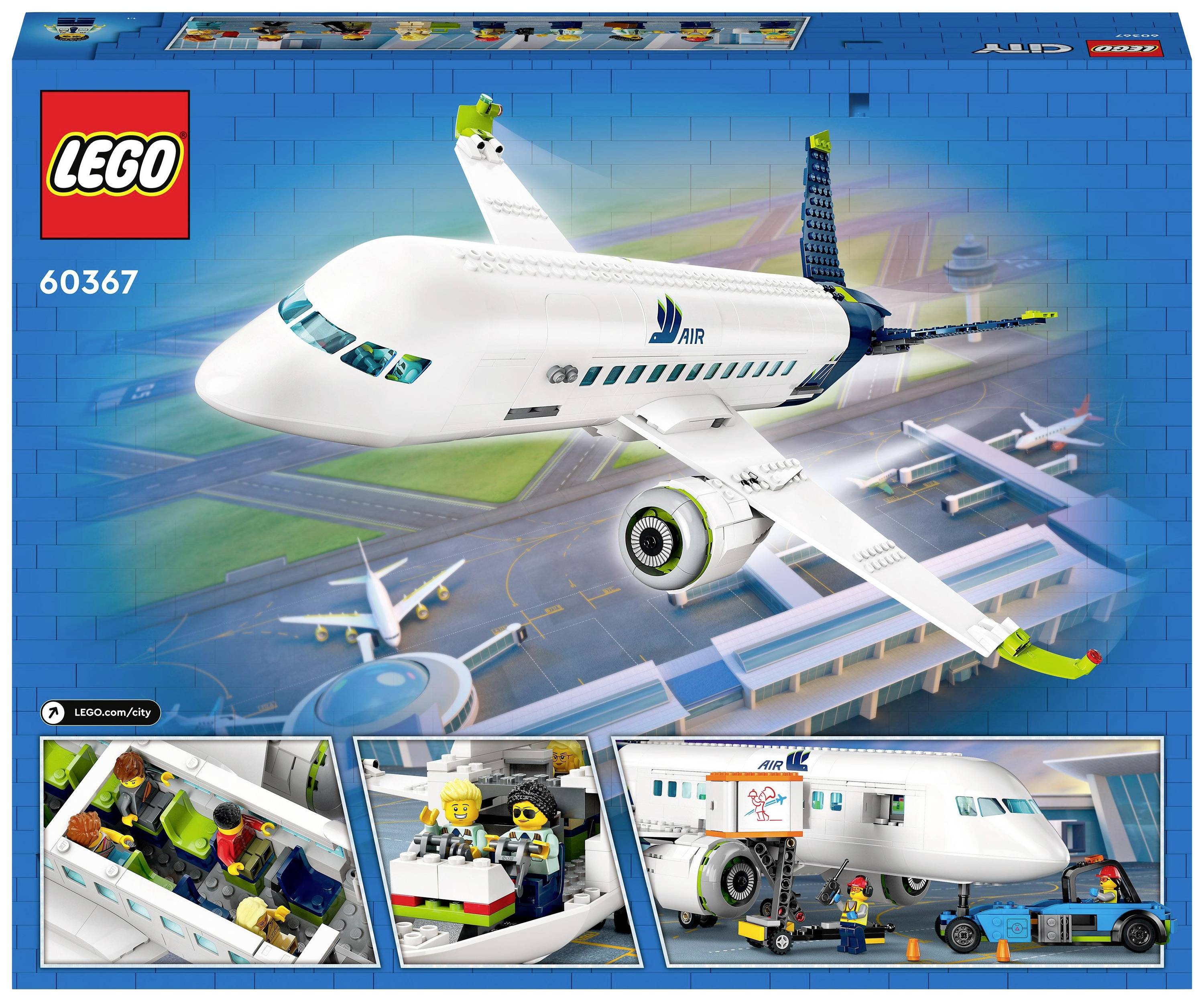 'LEGO stavebnica lietadla s pozadím letiska. Zahrnuté figúrky obsluhujú lietadlo a cestujúcich. Obsahuje vnútorný pohľad a trup lietadla.'