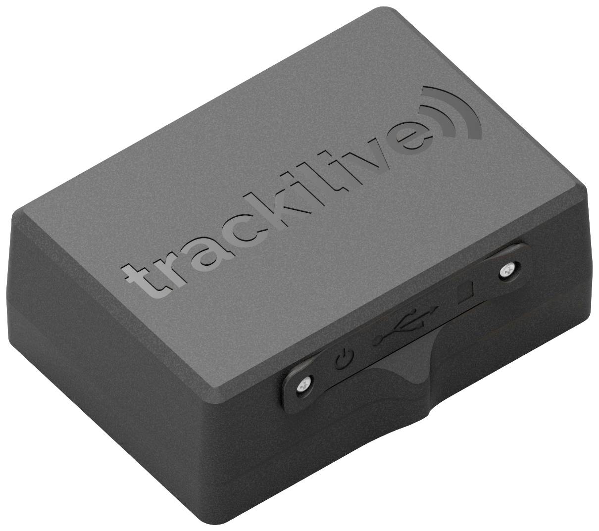 Sivé zariadenie s nápisom 'tracklive', USB portom a dvoma malými tlačidlami.