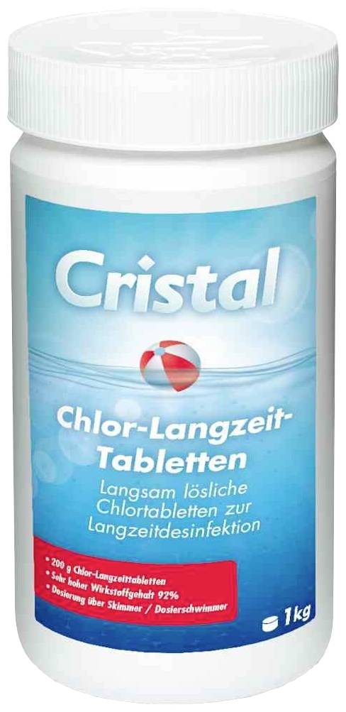 Jedna dóza 'Cristal Chlor-Dlhodobé tablety', pomaly rozpustné, na dlhodobú dezinfekciu; 1 kg celková hmotnosť.