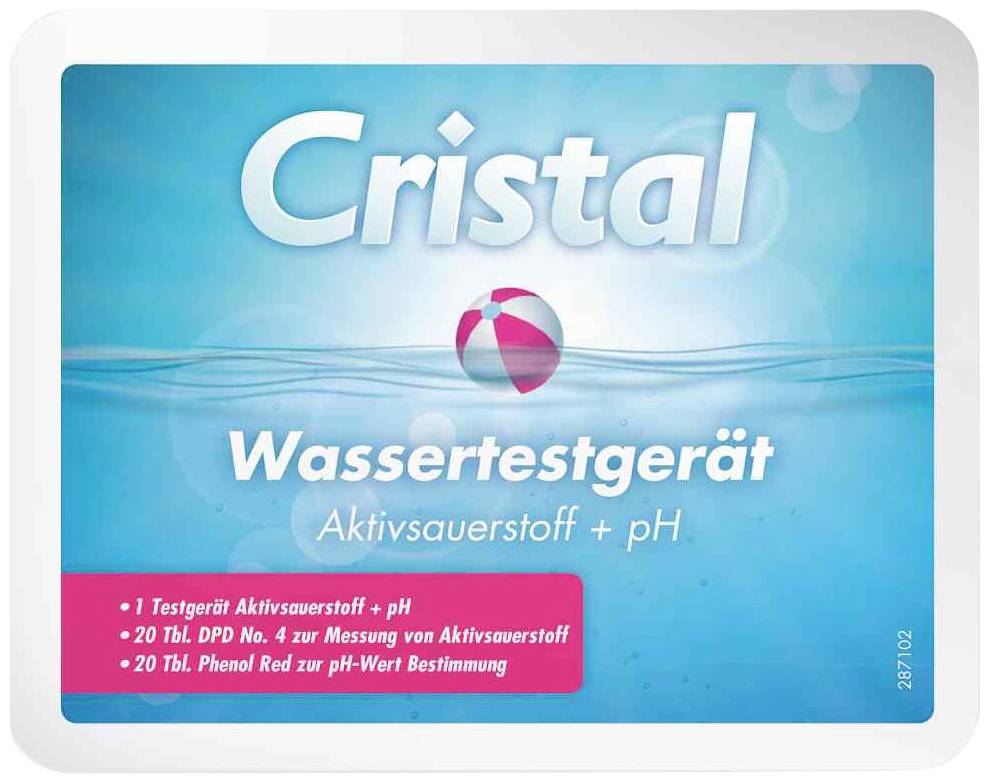 Balenie testera vody 'Cristal Wassertestgerät'. Obsahuje aktivačné kyslíkové a pH testovacie prúžky, pokyny na meranie hodnôt vody v bazéne.