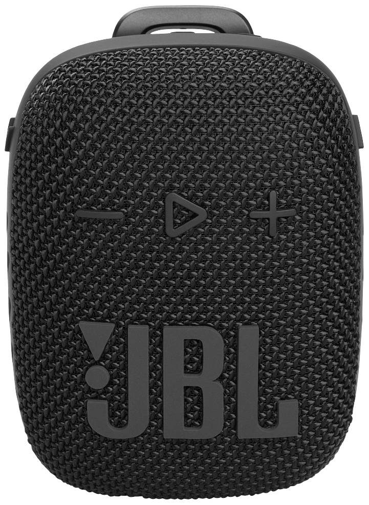 Prenosný čierny bluetooth reproduktor s viditelnými ovládacími tlačidlami a logom JBL na prednej strane.