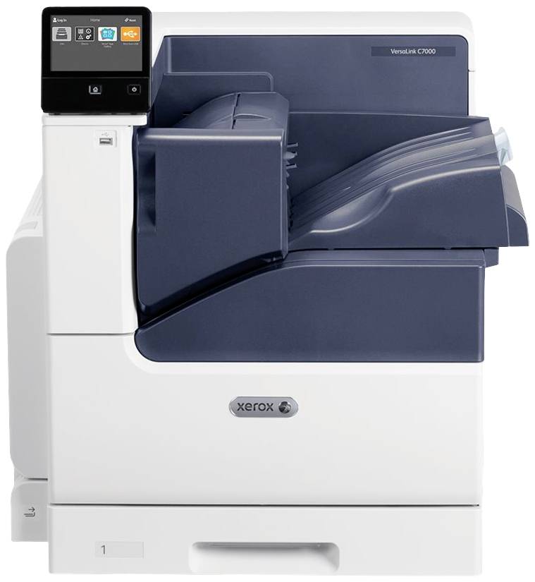 Tlačiareň značky Xerox, model VersaLink C7000, v bielej a modrej farbe. Vhodná do kancelárií, s multifunkčným ovládacím panelom.