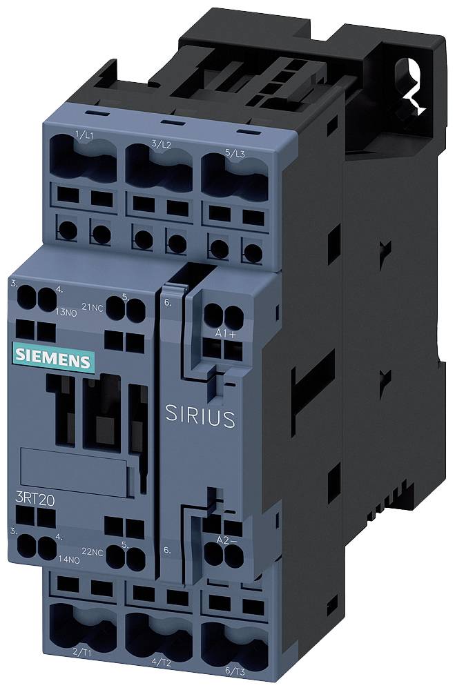 'SIRIUS stýkač od Siemens v sivom kryte, modelové číslo 3RT120. Používa sa v rozvádzačoch pre riadenie motorov.'