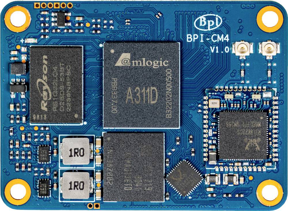 Modrý elektronický modul s viacerými čipmi vrátane veľkého čipu s nápisom 'A311D'. Určený pre technologické aplikácie.