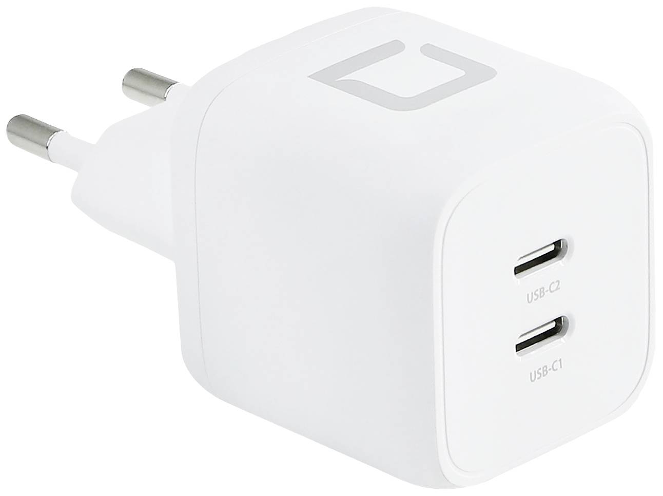 Biele USB nabíjačka s dvoma USB-C portami, vhodná pre európske zásuvky.
