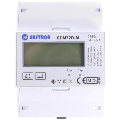 Digitálny merací prístroj od spoločnosti EASTRON, model SDM72D-M, zobrazuje spotrebu elektrickej energie v kWh. Má niekoľko pripojení a displej.