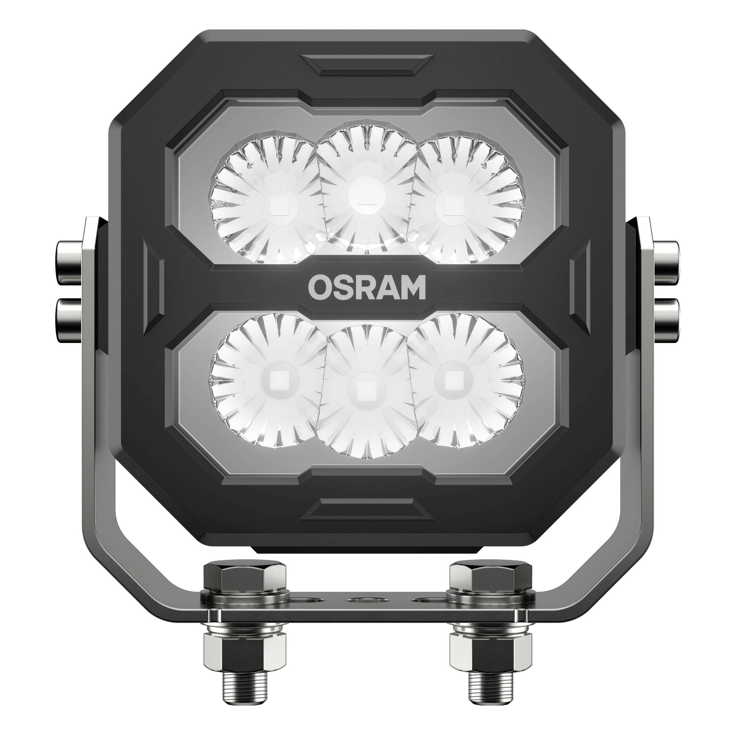 LED pracovný reflektor v štvorcovom tvare so šiestimi okrúhlymi svetlami, vhodný pre použitie v rôznych svetelných podmienkach.