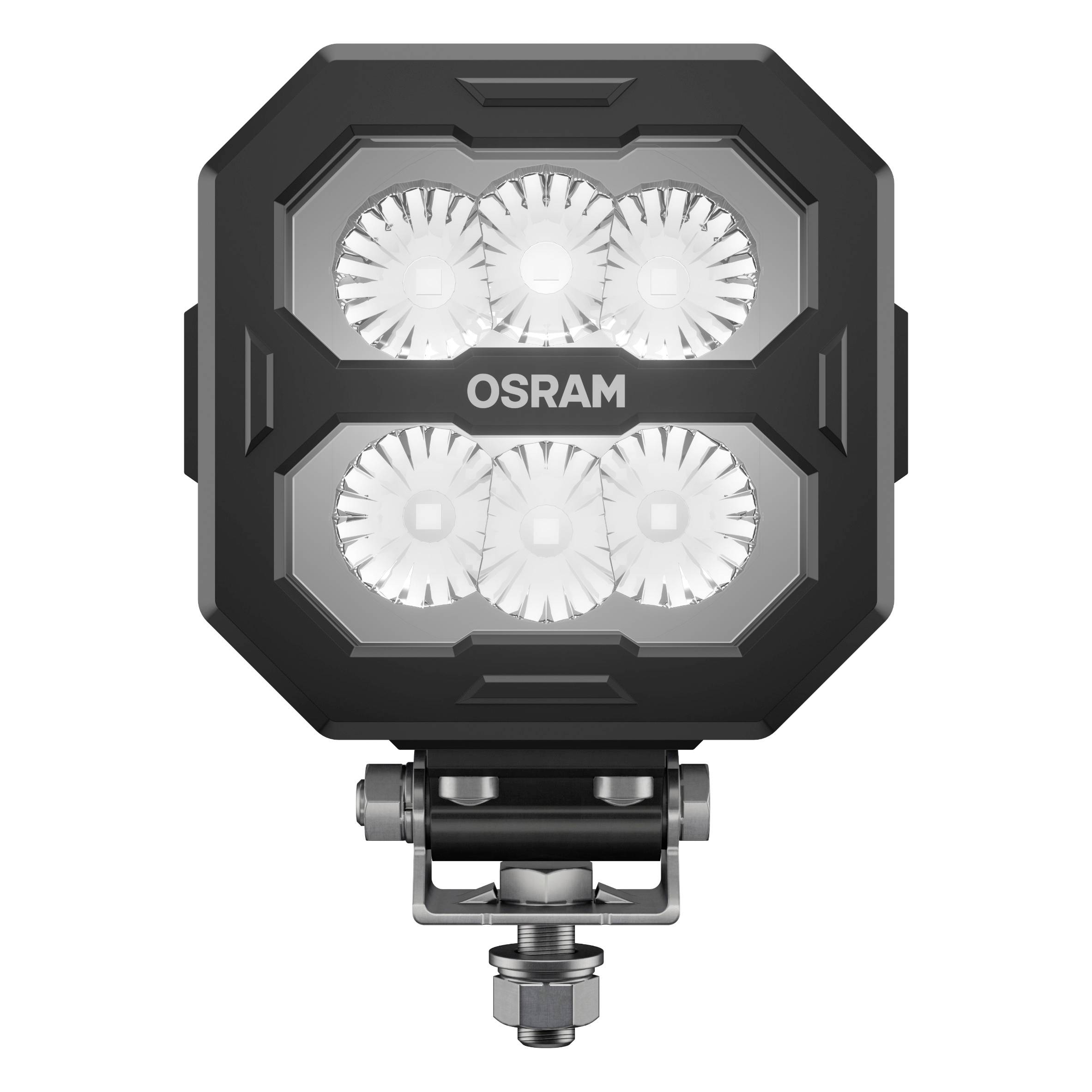 Štvorcový LED pracovný svetlomet od OSRAM s ôsmimi svietiacimi LED diódami, vhodný pre pracovné vozidlá a osvetlenie strojov.