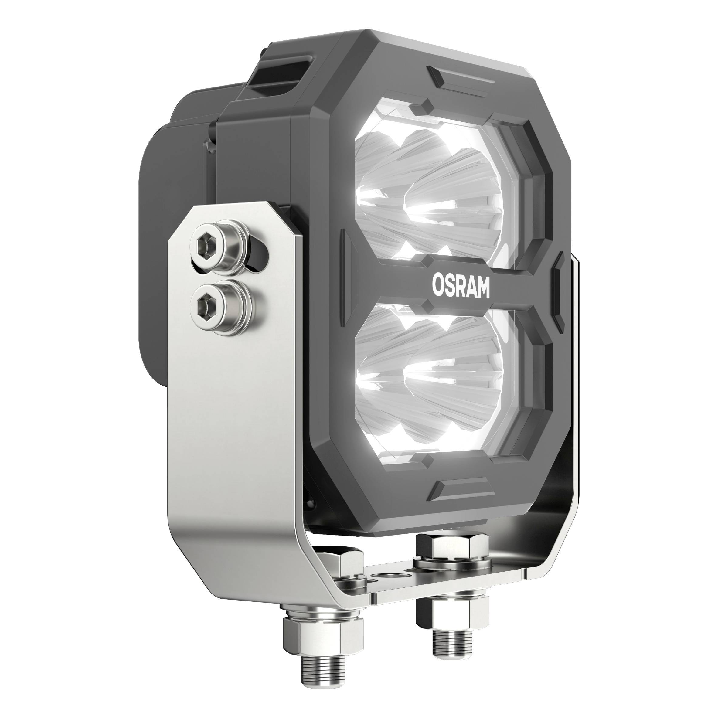 Štvorcový LED reflektor so štyrmi svietiacimi šošovkami, robustným kovovým držiakom a nápisom 'OSRAM' hore.