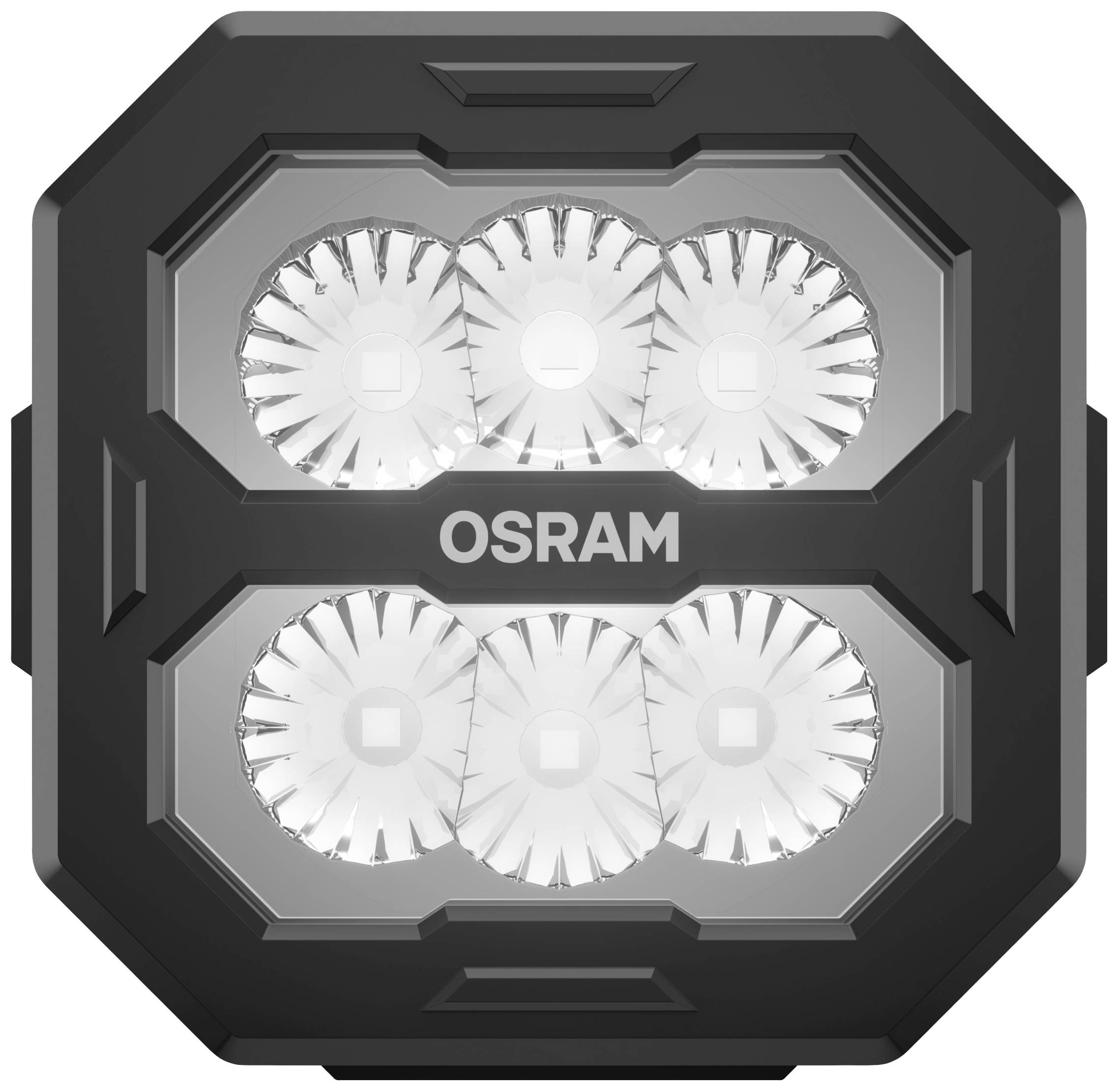 LED svietidlo 'OSRAM' so šiestimi okrúhlymi, jasnými šošovkami v štvorcovom čiernom kryte.