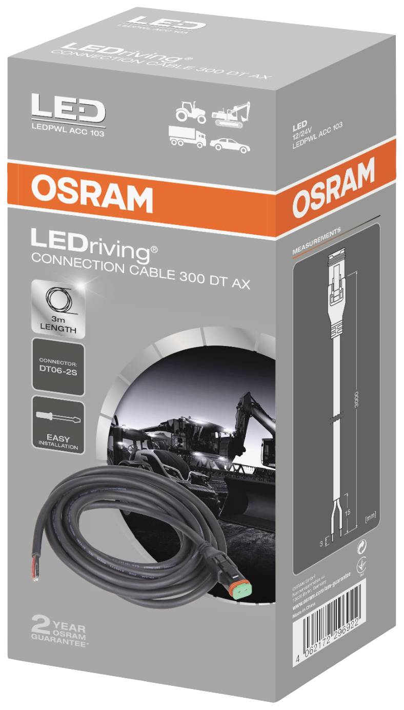 Sivý obal pre OSRAM LEDriving prepájacie vedenie DT06-2S, zobrazuje schému kábla a jeho použitie vo vozidlách, s 2-ročnou zárukou.