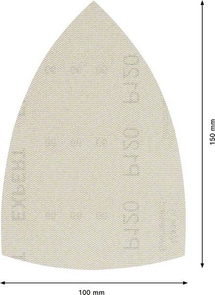 Obrázok brúsneho listu v tvare listu, vysoký 150 mm, široký 100 mm, s drsnosťou. Obsahuje meracie čiary pre výšku a šírku.