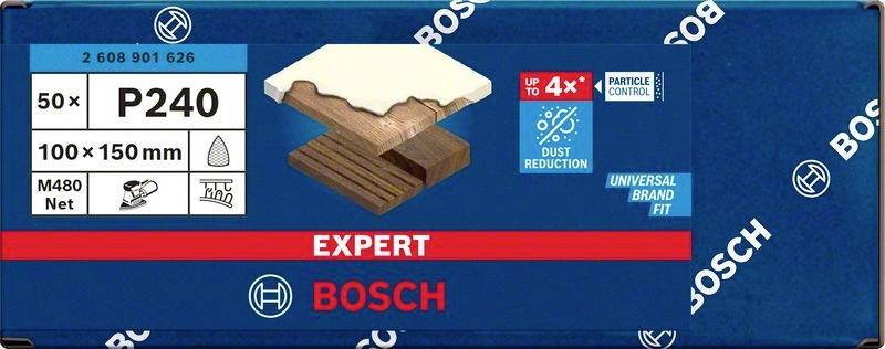 Brúsny papier Bosch, balenie 50 listov P240, veľkosť 100x150 mm, vhodný pre drevo so znížením prachu až 4-krát.