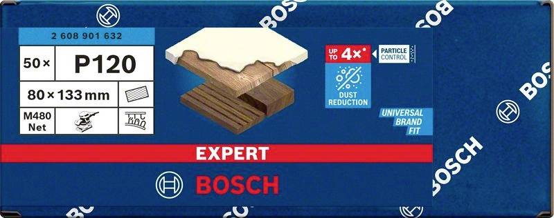 Etiketa balenia brúsneho papiera Bosch: 'P120', 50 kusov, 80 x 133 mm. Zvýraznenie zníženia prachu a všestrannosti.
