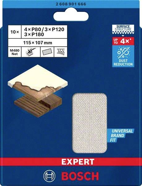'Bosch Expert Brúsna sieťová sada, 10 kusov: 4x P80, 3x P120, 3x P180. Rozmery: 115x107 mm. Vhodné na zníženie prašnosti.'