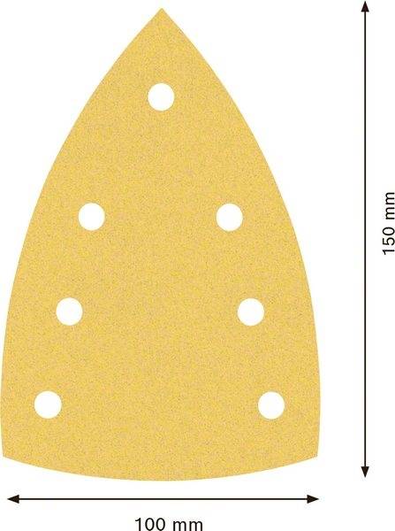 Brúsny papier v tvare žehličky s šiestimi otvormi, 150 mm vysoký a 100 mm široký.