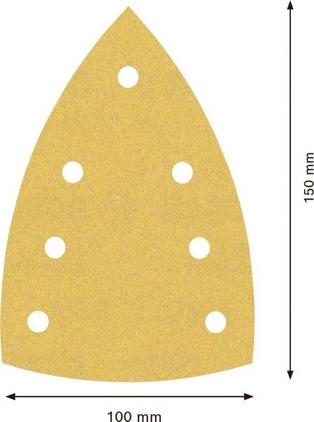 Brúsny papier v tvare žehličky, žlto-oranžový, vysoký 150 mm, široký 100 mm, so siedmimi okrúhlymi otvormi.