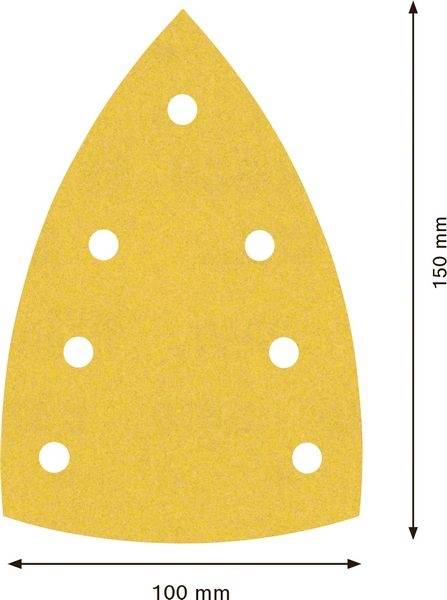 Obrázok trojuholníkového brúsneho papiera so šiestimi okrúhlymi otvormi, vysokého 150 mm a širokého 100 mm.