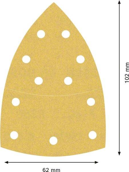 Hnedý brúsny papier s 11 kruhovými otvormi, 102 mm dlhý a 62 mm široký.