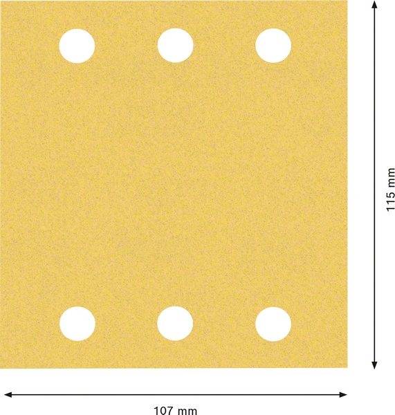 Štvorcový žltý brúsny papier so šiestimi okrúhlymi otvormi v dvoch radoch, s rozmermi 115 mm x 107 mm.