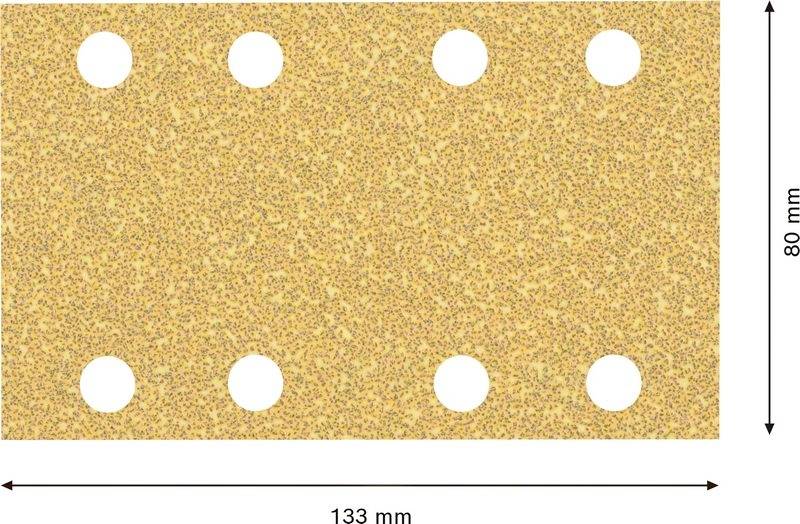 Obdĺžnikový brúsny papier so šiestimi okrúhlymi otvormi. Rozmery: 133 mm dĺžka, 80 mm šírka.