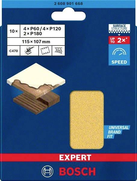 'Bosch brúsny papier, balenie 10 listov, 4x P60, 4x P120, 2x P180, 115 x 107 mm, ideálny na drevo, s logom značky, vhodný pre rôzne povrchy.'