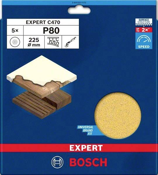 Brúsny papier 'Bosch Expert C470', 5 kusov, zrnitosť P80, priemer 225 mm, vhodný na drevo, lak; univerzálna kompatibilita s prístrojmi.