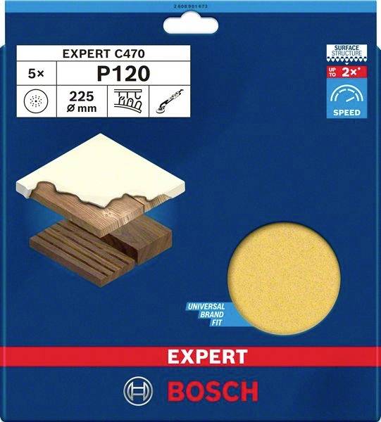 Balenie brúsneho papiera Bosch 'EXPERT C470', zrnitosť P120, priemer 225 mm, vhodné na drevo a farbu, obsahuje 5 kusov.