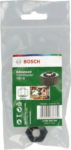 Aku fréza Bosch Advanced TrimRouter 18V-8 v balení, s obrázkom príkladu použitia pri práci s drevom a technickými detailmi na etikete.