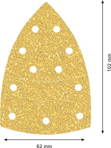 Na obrázku je trojuholníkový brúsny papier s niekoľkými okrúhlymi otvormi, široký 62 mm a vysoký 102 mm.